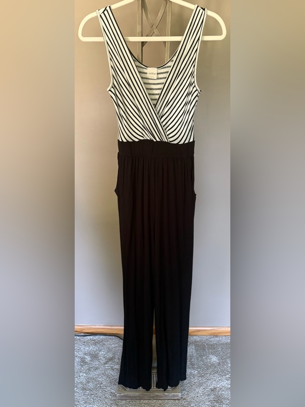 Kaileigh Black and White Striped Sleeveless Bodice Wide-Leg Jumpsuit Pockets